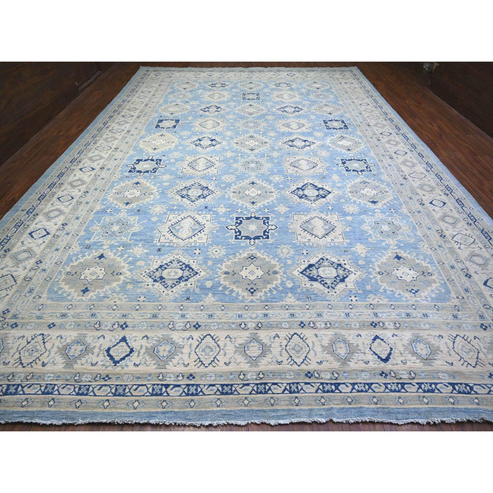 Beau Blue Vintage Look Kazak Hand Knotted Wool Oversized Rug 12'1"x17'4"