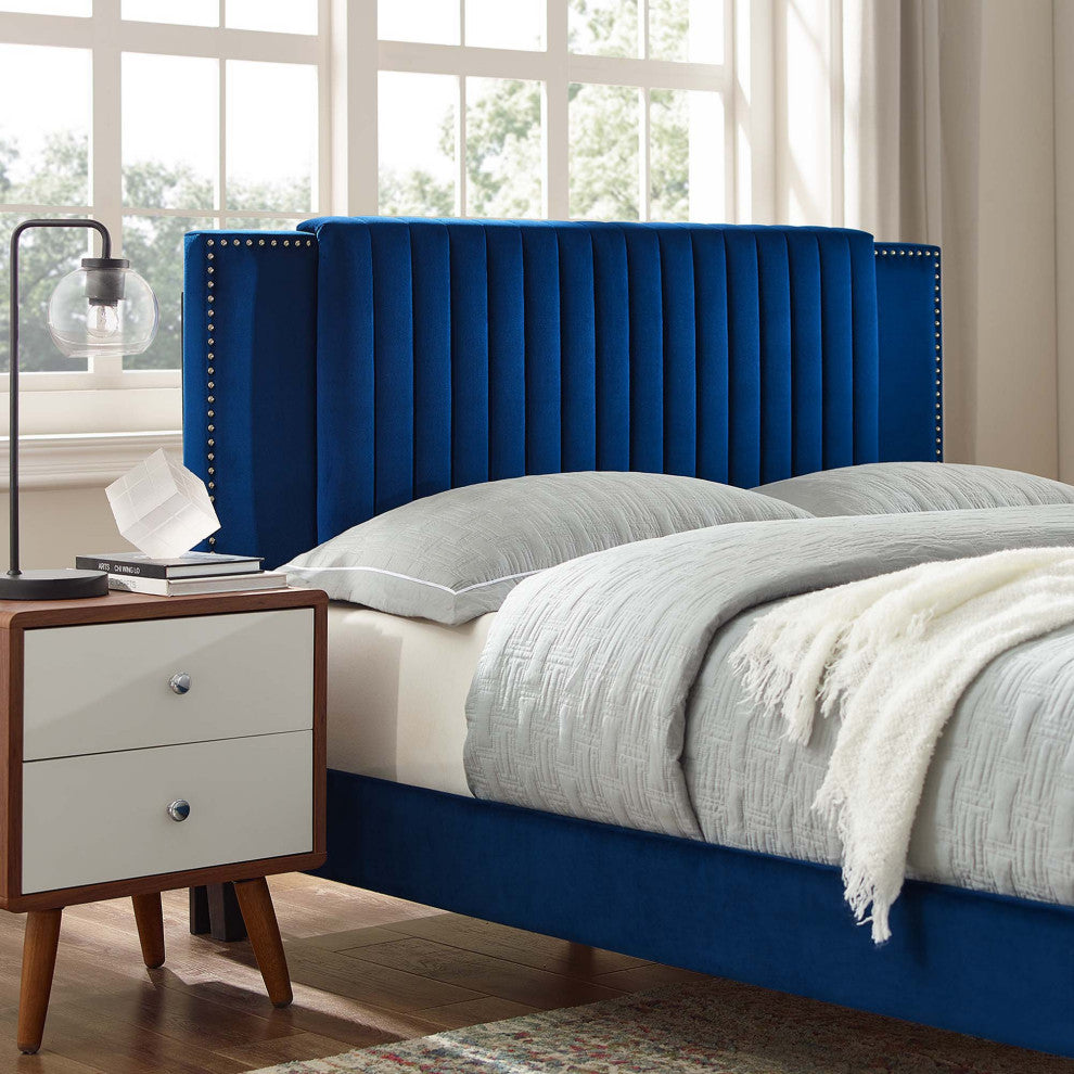 Zahra Channel Tufted Performance Velvet Twin Platform Bed, Navy