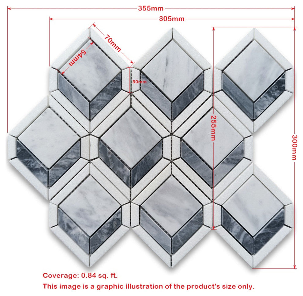 Carrara White Marble Illusion 3D Square Geometry Mosaic Tile White, 1 sheet