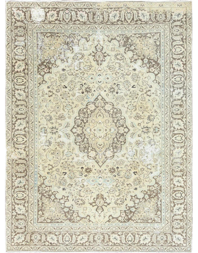 Ivory Hand Knotted Vintage Persian Kashan Worn Wool Oriental Rug 7'7" x 10'1"