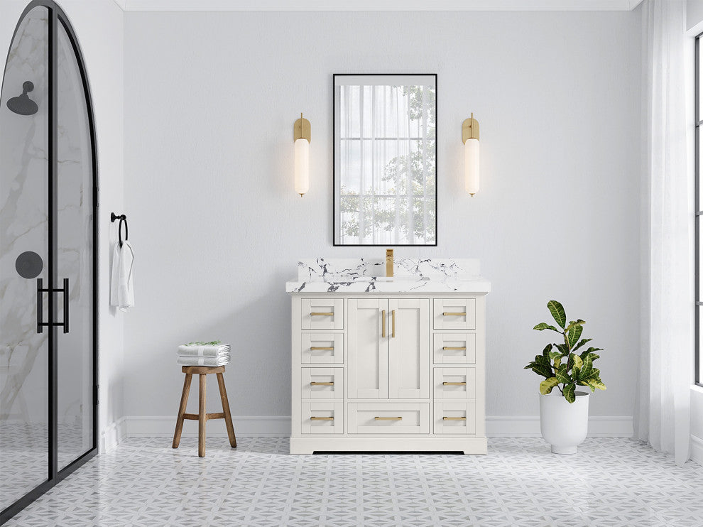 Boston 42" Single Sink Bath Vanity in Alabaster 2" Viola Night