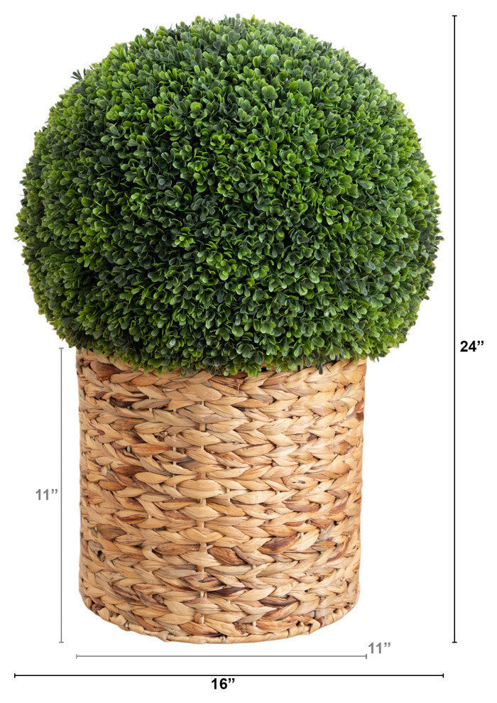 24" UV Resistant Faux Boxwood Ball Topiary, Hyacinth Weave Basket, In/Outdoor