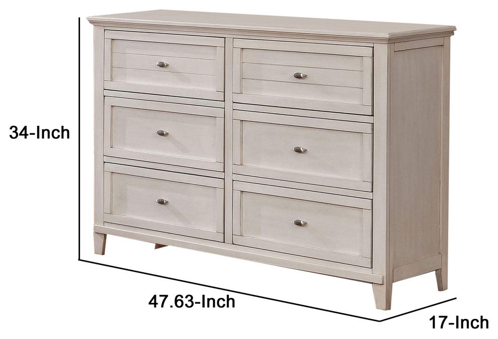 Benzara BM252378 Dresser With 6 Drawers and Metal Pulls, Antique White