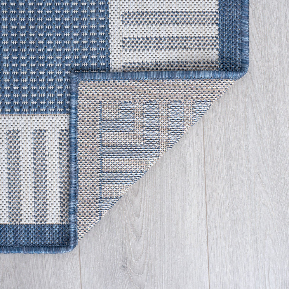 Dania Transitional Solid Border Blue/Cream Round Indoor/Outdoor Area Rug, 8'