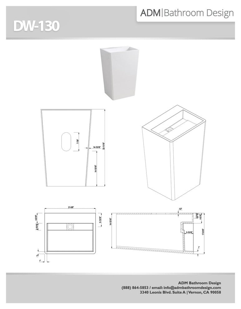 ADM Rectangular Freestanding Pedestal Sink, White, 22", Glossy White