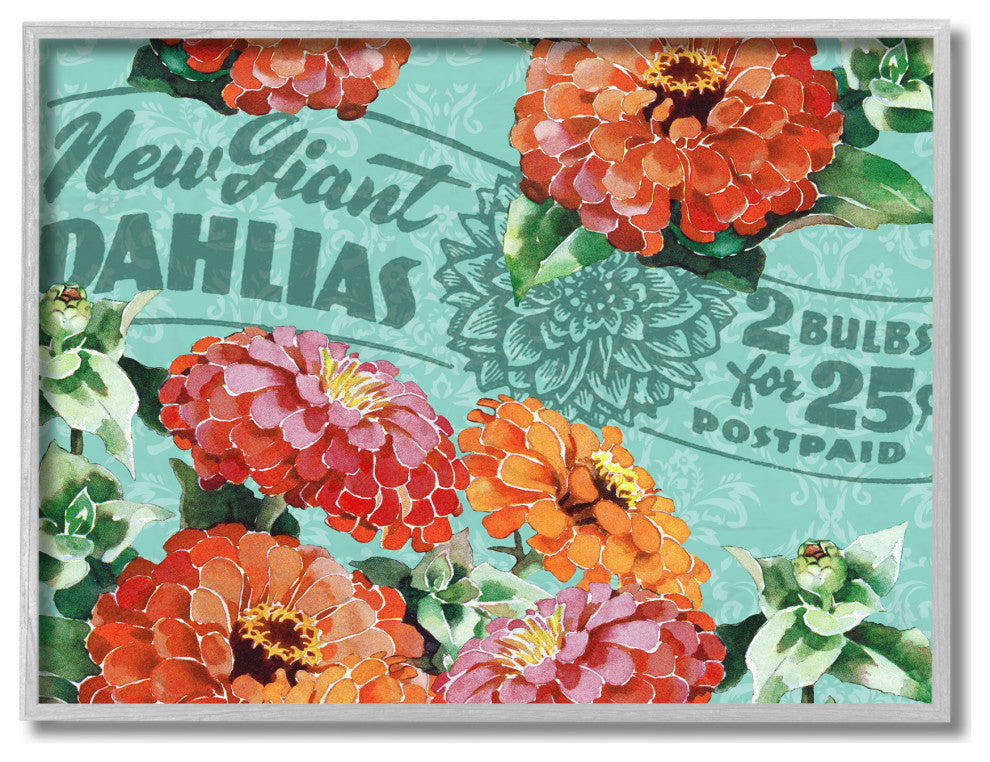 Farm Flowers Red Green Print Pattern Design, 16"x20", Gray Frame
