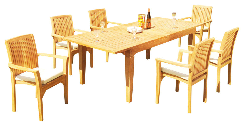 7-Piece Outdoor Teak Dining Set: 122" Rectangle Table, 6 Lua Stacking Arm Chairs