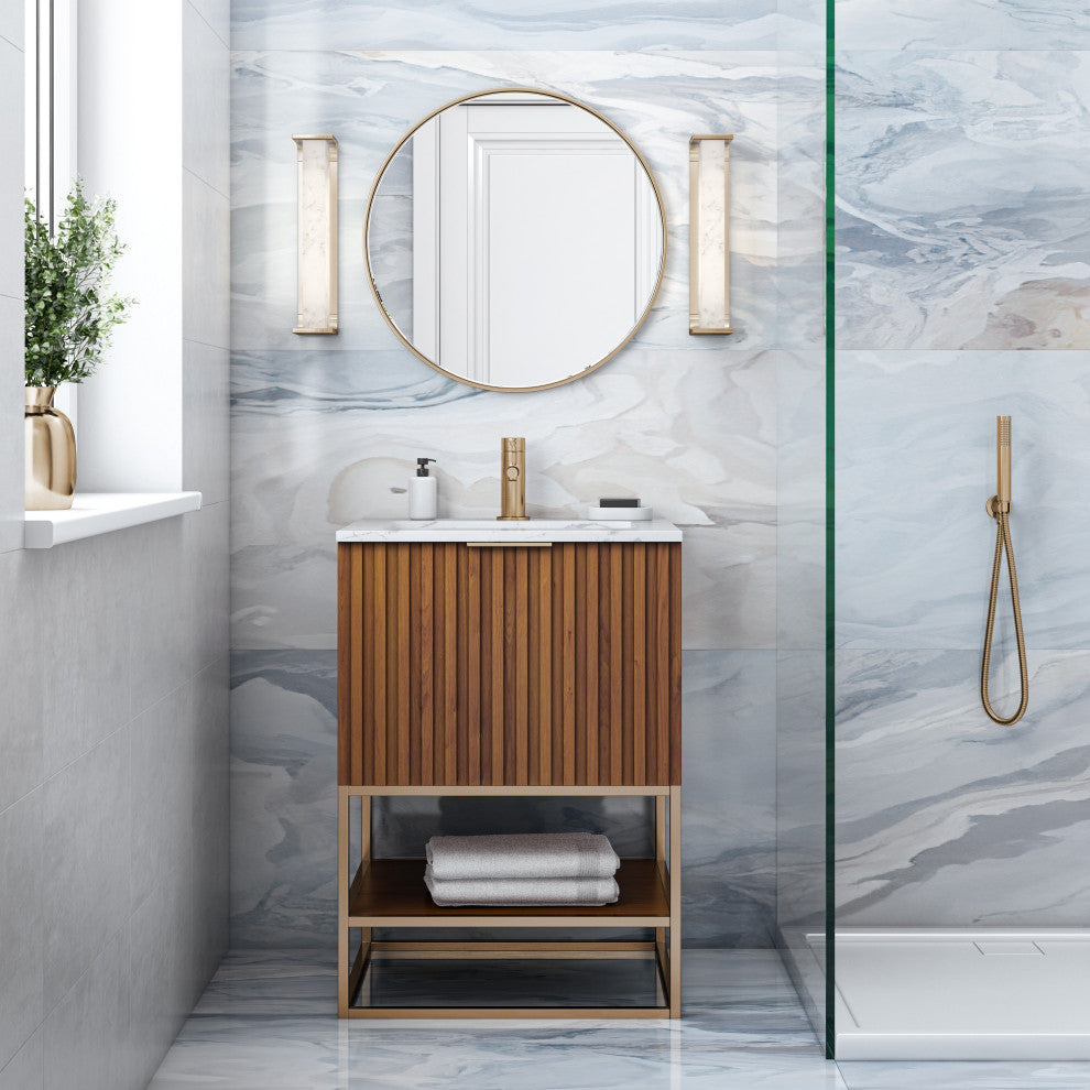 Terra Bathroom Vanity, Walnut/Satin Brass With Carrara Marble, 24"