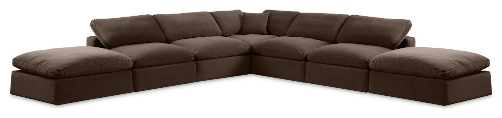 Comfy Upholstered L-Shaped Modular Sectional, Brown, 7-Piece: 4 Armless Chair, 1 Corner Chair, 2 Ottoman, Velvet