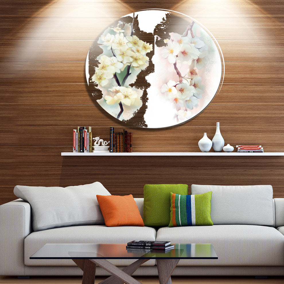 White Flower Bouquet Illustration, Floral Disc Metal Wall Art, 38"
