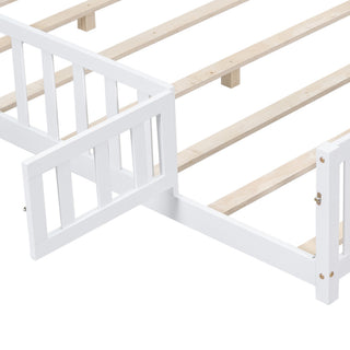 Gewnee Full Size Floor Platform Bed with Fence and Door, White