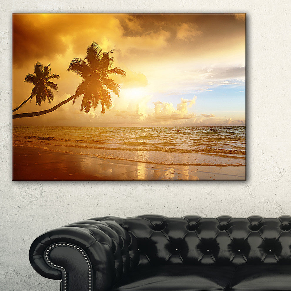 "Beautiful Palms At The Caribbean Beach" Seascape Art Canvas, 40"x20"