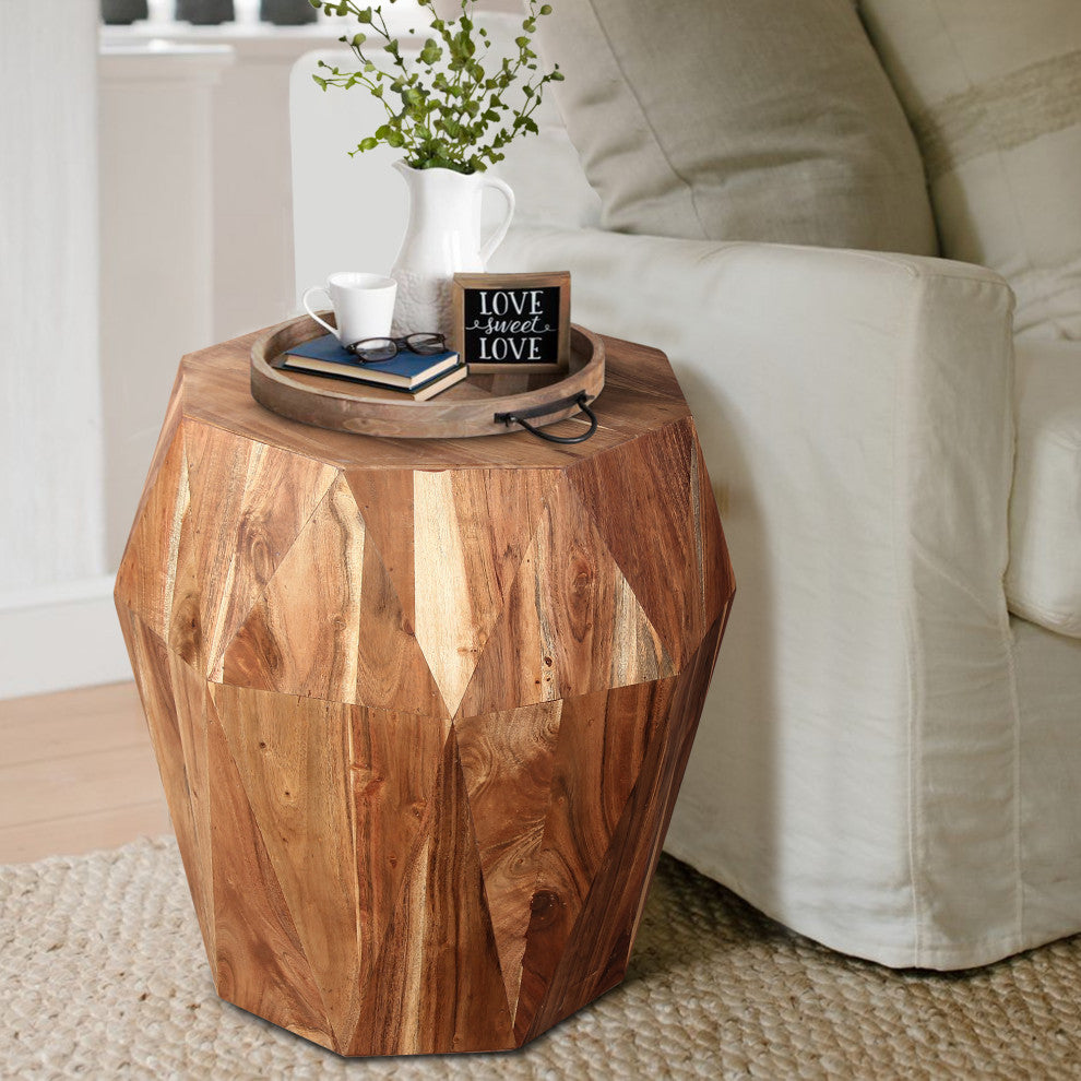Bon 22" End Table Solid Acacia Wood Octagon Top Natural Brown Finish