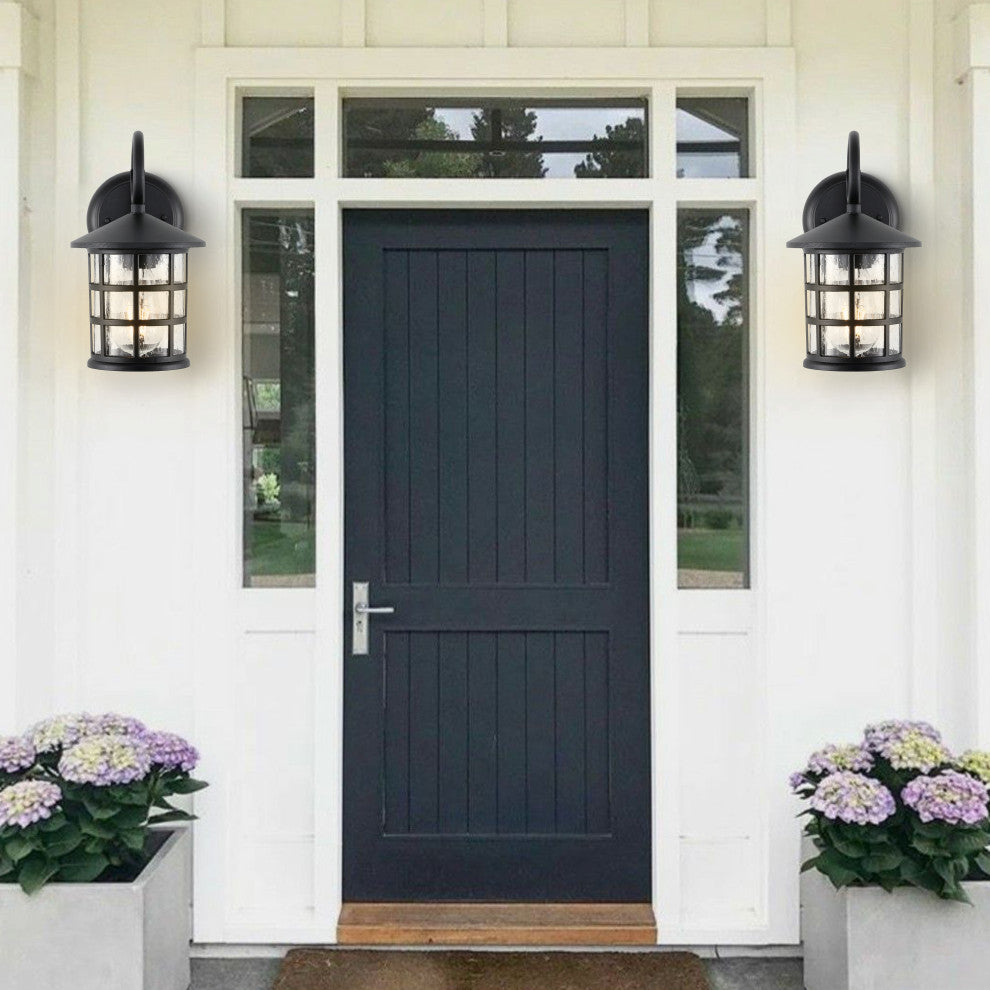 Cadiz 6" 1-Light Iron/Seeded Glass Rustic Outdoor Lantern, Black, Set of 2