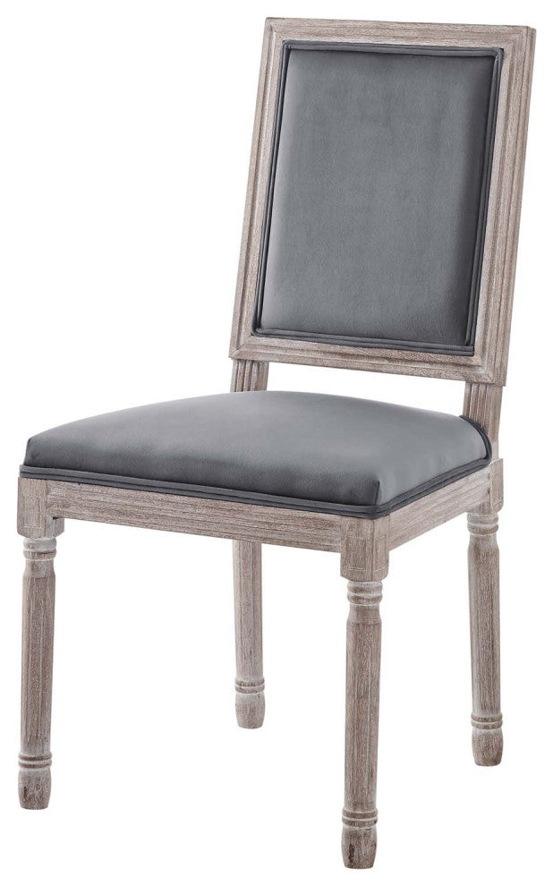 French Vintage Side Dining Chair, Velvet, Wood, Brown Natural Gray, Modern