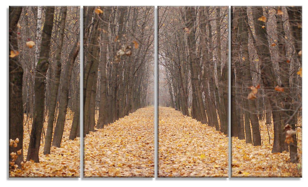 Yellow Road through Fall Forest, Modern Forest Canvas Art, 48"x28", 4 Panels