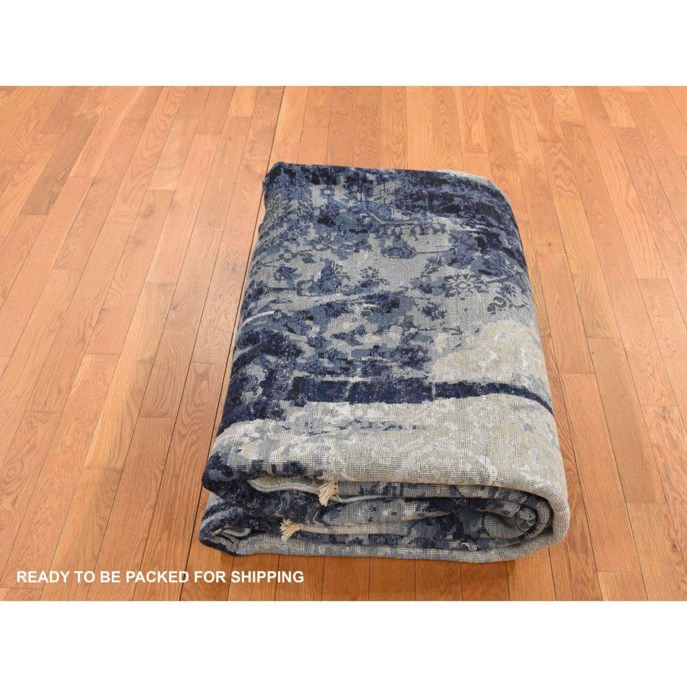 Blue Wool and Silk Japanese Shibori Design Hand Knotted Rug 6' x 8'10"