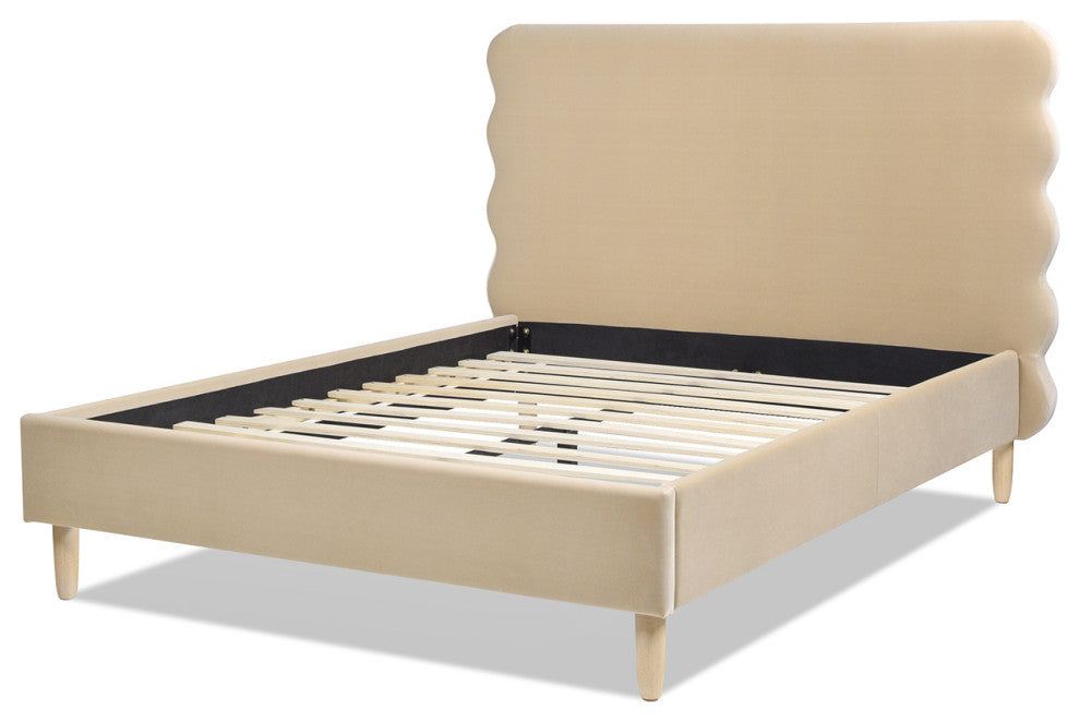 Stockholm Modern Wavy Headboard Platform Bed, Fawn Brown Performance Velvet, Queen