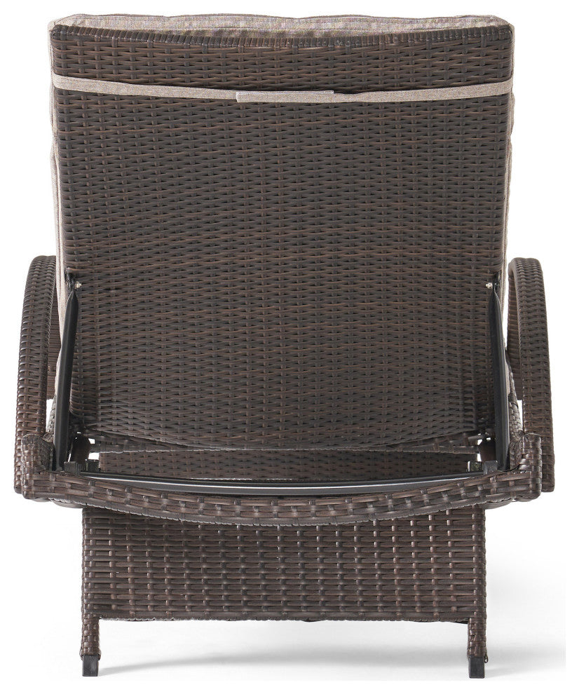 GDF Studio Ann Outdoor Wicker Adjustable Chaise Lounge, Arms With Cushion, Charc