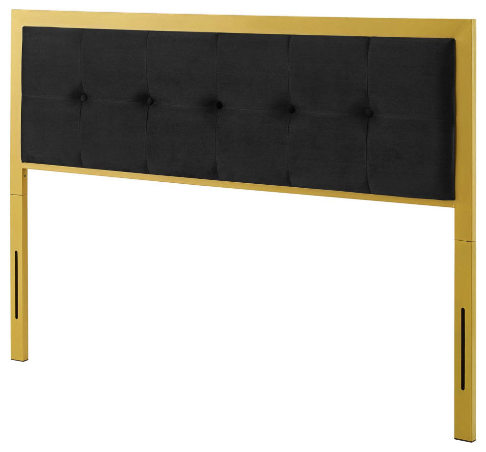 Tufted Headboard, King Size, Velvet, Metal, Gold Black, Modern Contemporary