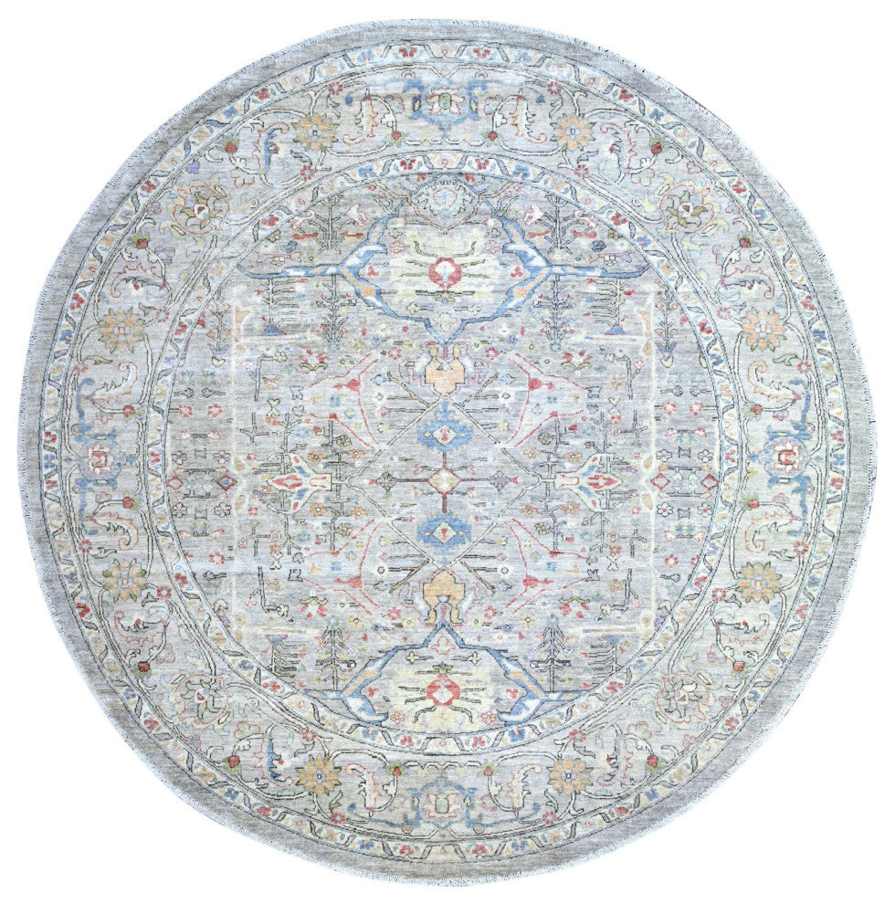 Gray Ziegler Mahal Hand Knotted Pure Wool Round Oriental Rug, 8'x8'
