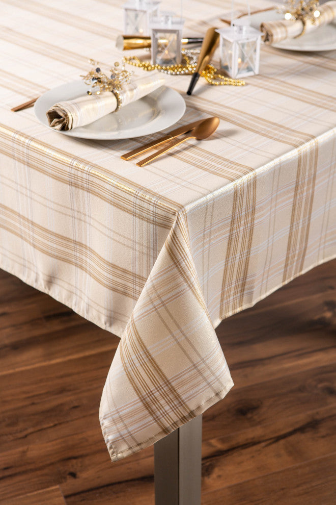 Cream Metallic Plaid Tablecloth 52"x52"