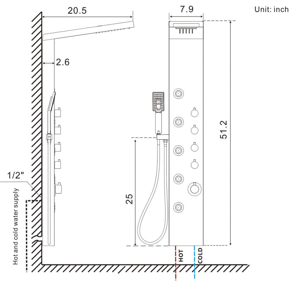 Rectangle Wall Mount Stainless Steel Shower Panel In Brushed Stainless Steel