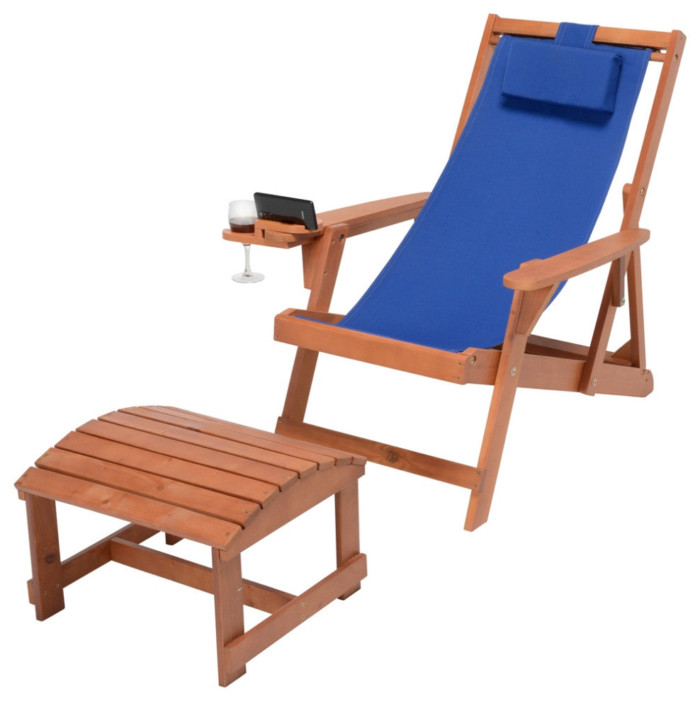 Romantic Collection Canvas Sling Chair with Cup and Wine Holder, Walnut Frame Bl