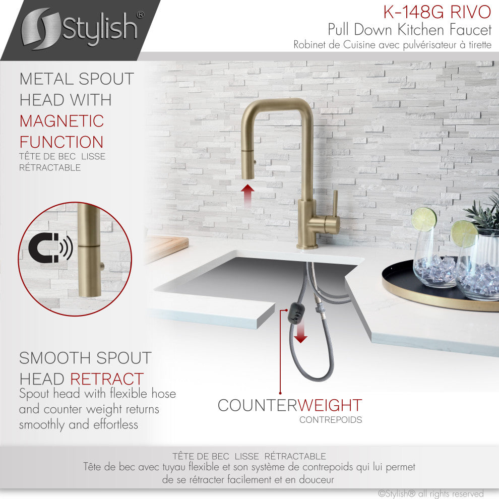 STYLISH Single Handle Pull-Down Dual Mode Kitchen Faucet Stainless Steel Golden