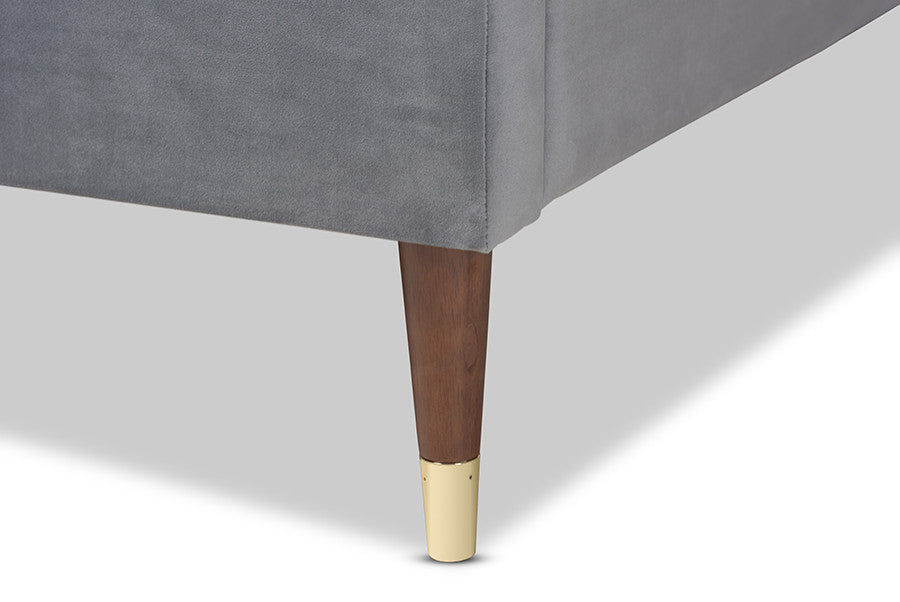 Charcoal Velvet Full Size Platform Bed Frame With Gold-Tone Leg Tips