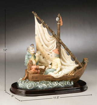 Clements Resin Two Fishermen, a Boat Figurine, Off White/Brown/Blue-Gray