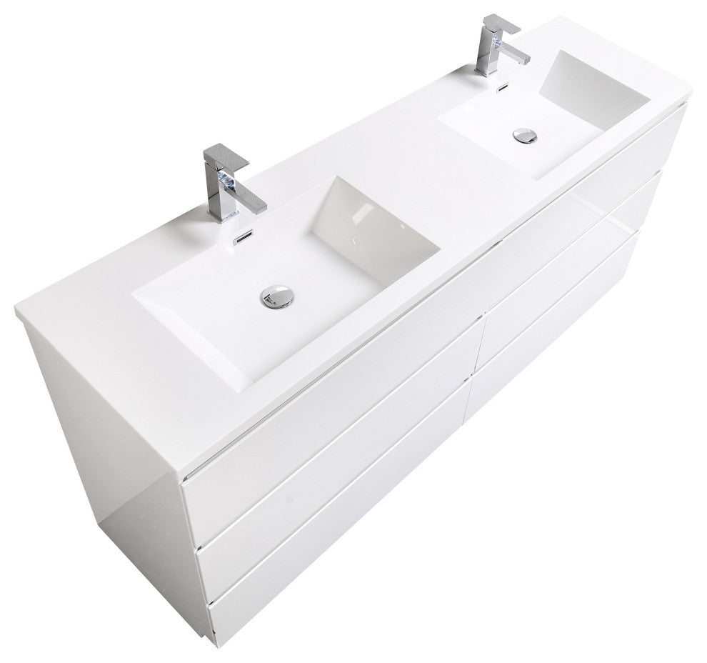 Freestanding Bath Vanity with White Cultured Marble Top, Hg White, 70" X 20"