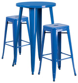 24" Round Blue Metal Bar 3-Piece Table Set With 2 Square Seat Backless Stools