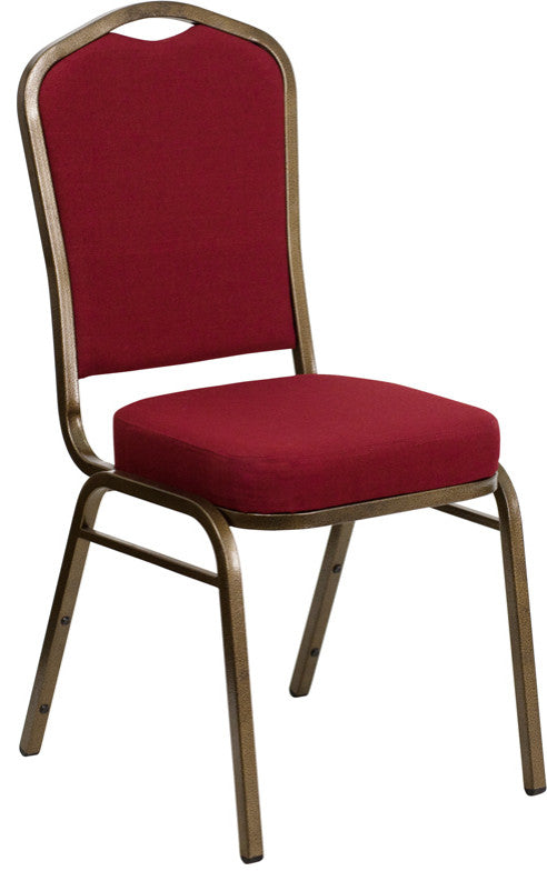 HERCULES Crown Back Stacking Banquet Chair, Burgundy Fabric, Gold Vein Frame