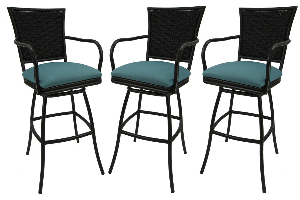 Set of 3, Outdoor/Indoor Swivel Bar Stools Erin, Aqua Linen on Brown, 26"