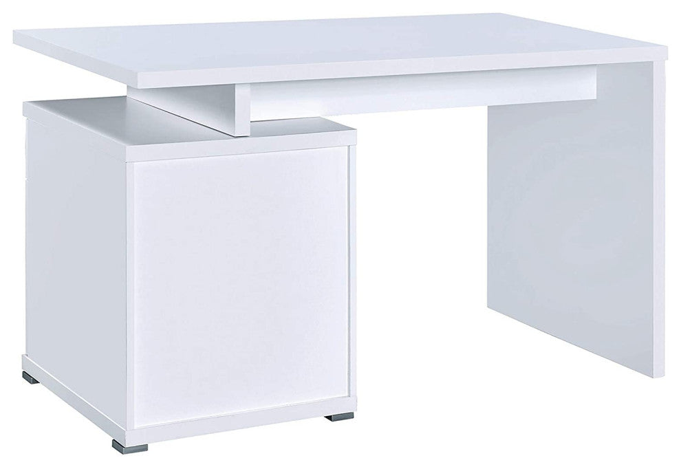 Contemporary Desk, Storage Drawers With Bar Pulls and Small Open Shelf, White