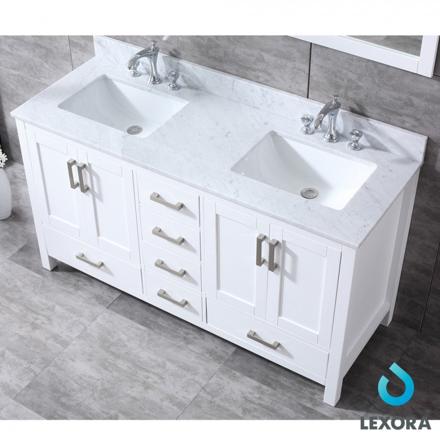 Jacques 60" Double Vanity Cabinet Carrara Marble Top Sinks, 58" Wall Mirror