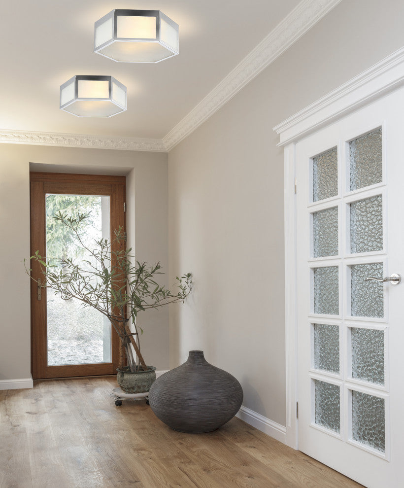 Minimo Hexagon Metal and Frosted Glass LED Flush Mount, Chrome, Width: 13"