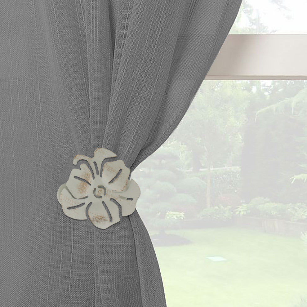 Set of 2 Metal Curtain Tiebacks "“ Elegant Poppy Flower Design Clip, Ivory