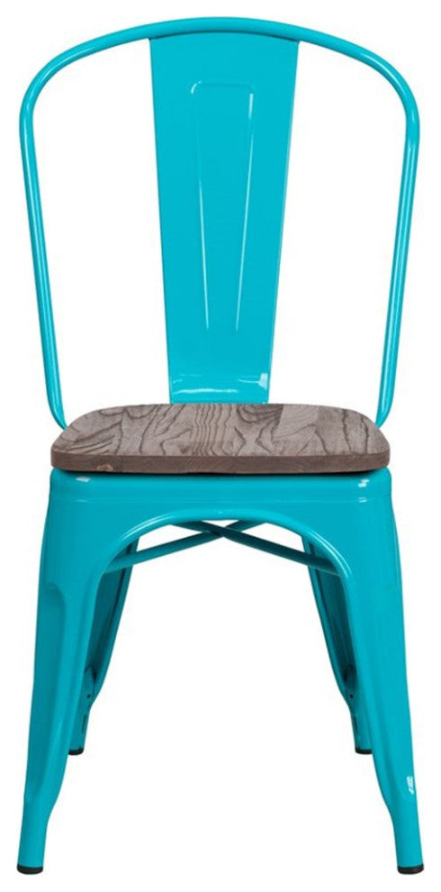 Crystal Teal-Blue Metal Stackable Chair With Wood Seat