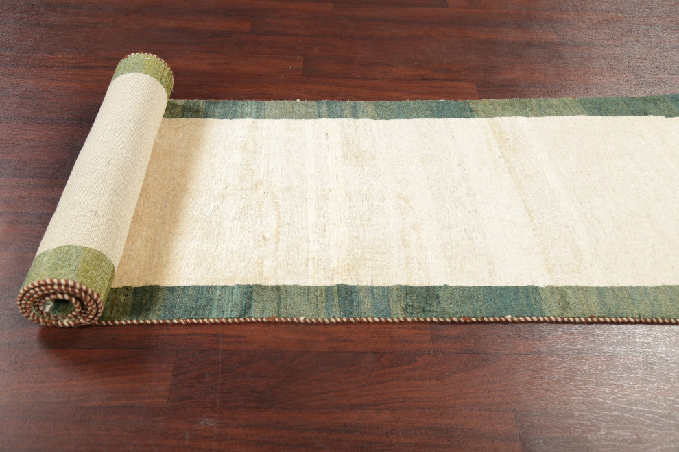 Gabbeh Border Traditional Area Rug Hand-Knotted Persian, Beige, 10'8"x2'7