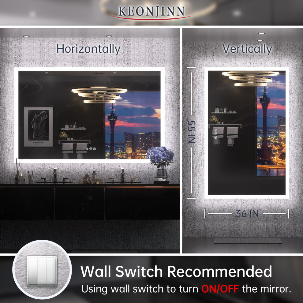 LED Bathroom Mirror With Smart Motion Sensor Front & Backlit, Dimmable, 55x36
