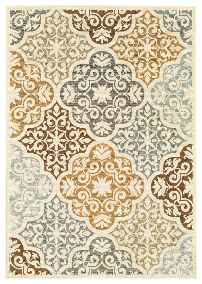 7' X 10' Ivory Grey Floral Medallion Indoor Outdoor Area Rug