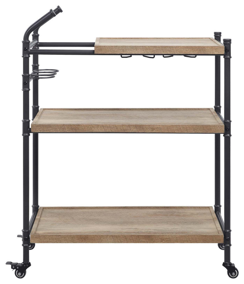 Serving Cart With Wheels, Wine Rack and Glass Holder, Oak and Sandy Black