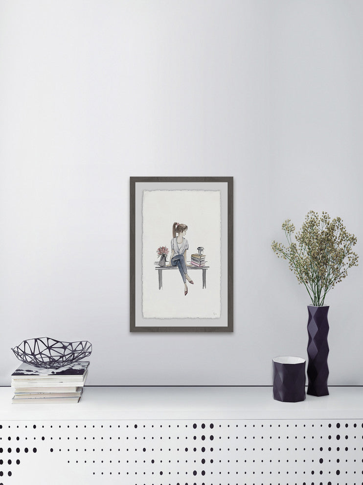 "Pretty Girl Sitting on a Bench" Framed Painting Print, 16"x24"