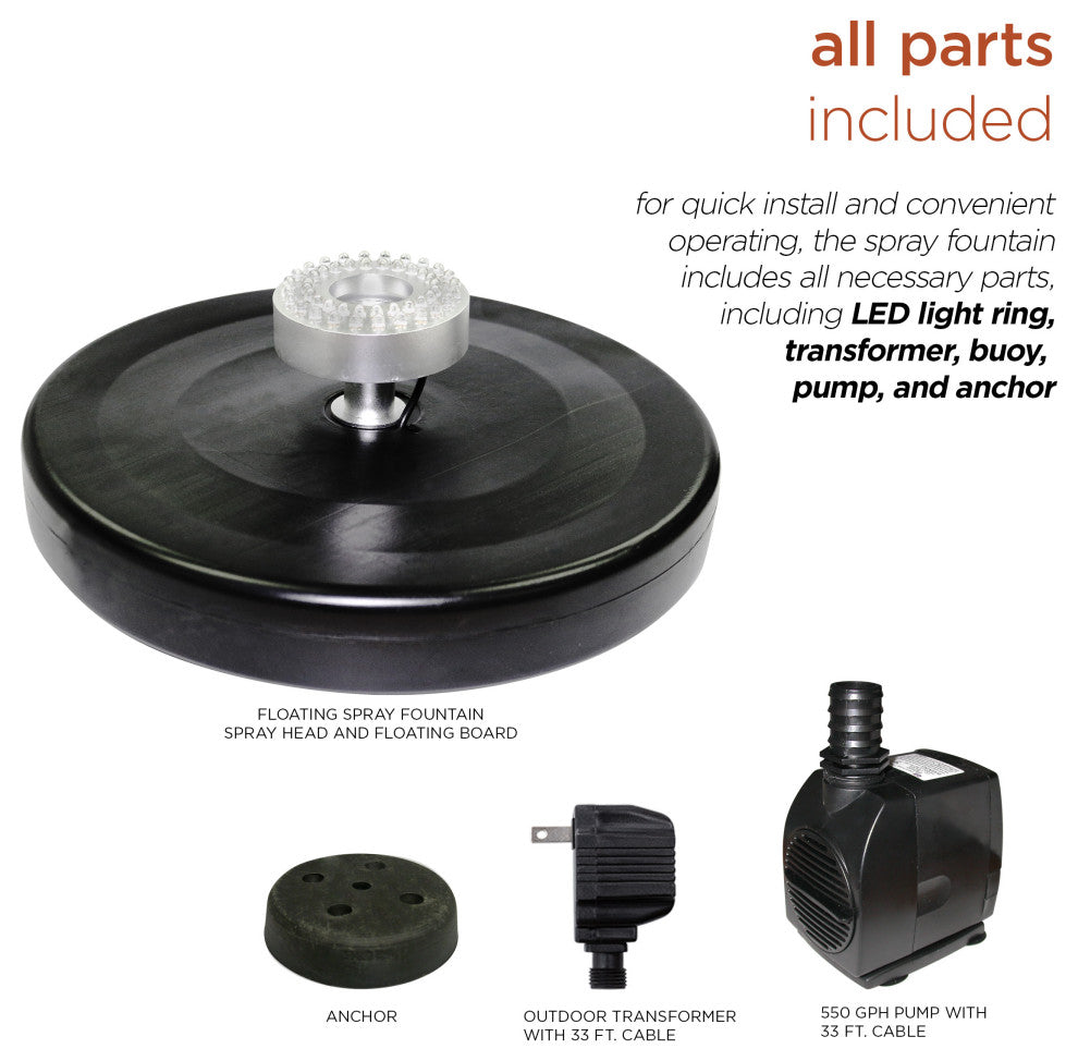 398 GPH Pump 48 LED Light Floating Spray Fountain, Black