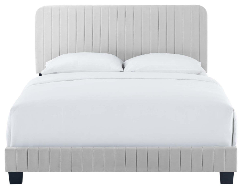 Tufted Platform Bed Frame, Twin Size, Velvet, Grey Gray, Modern Contemporary