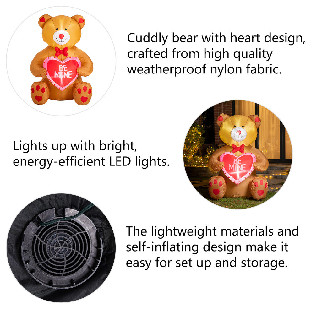 6' Lighted Valentine's Inflatable Bear With Heart Decor