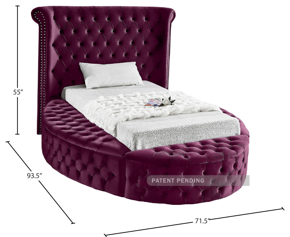 Luxus Button Tufted Velvet Round Bed, Purple, Twin