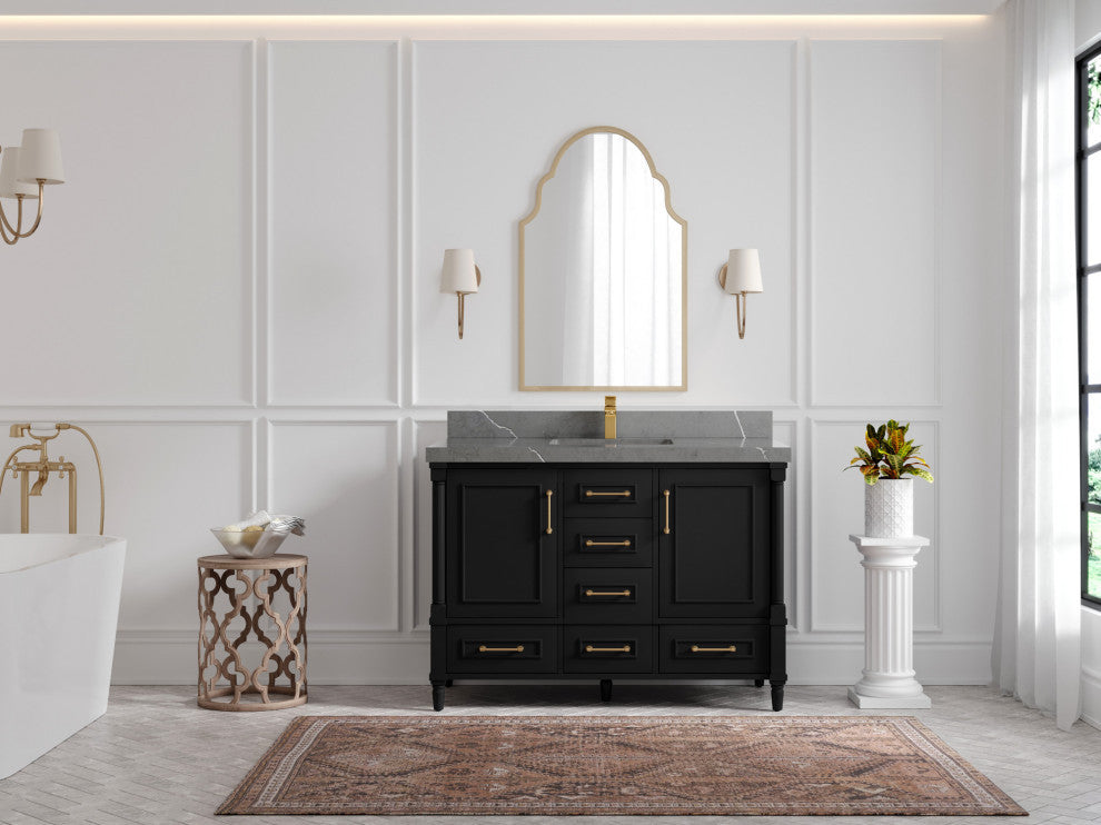 Aberdeen 48 Single Sink Bath Vanity in Black 2" Piatra Gray
